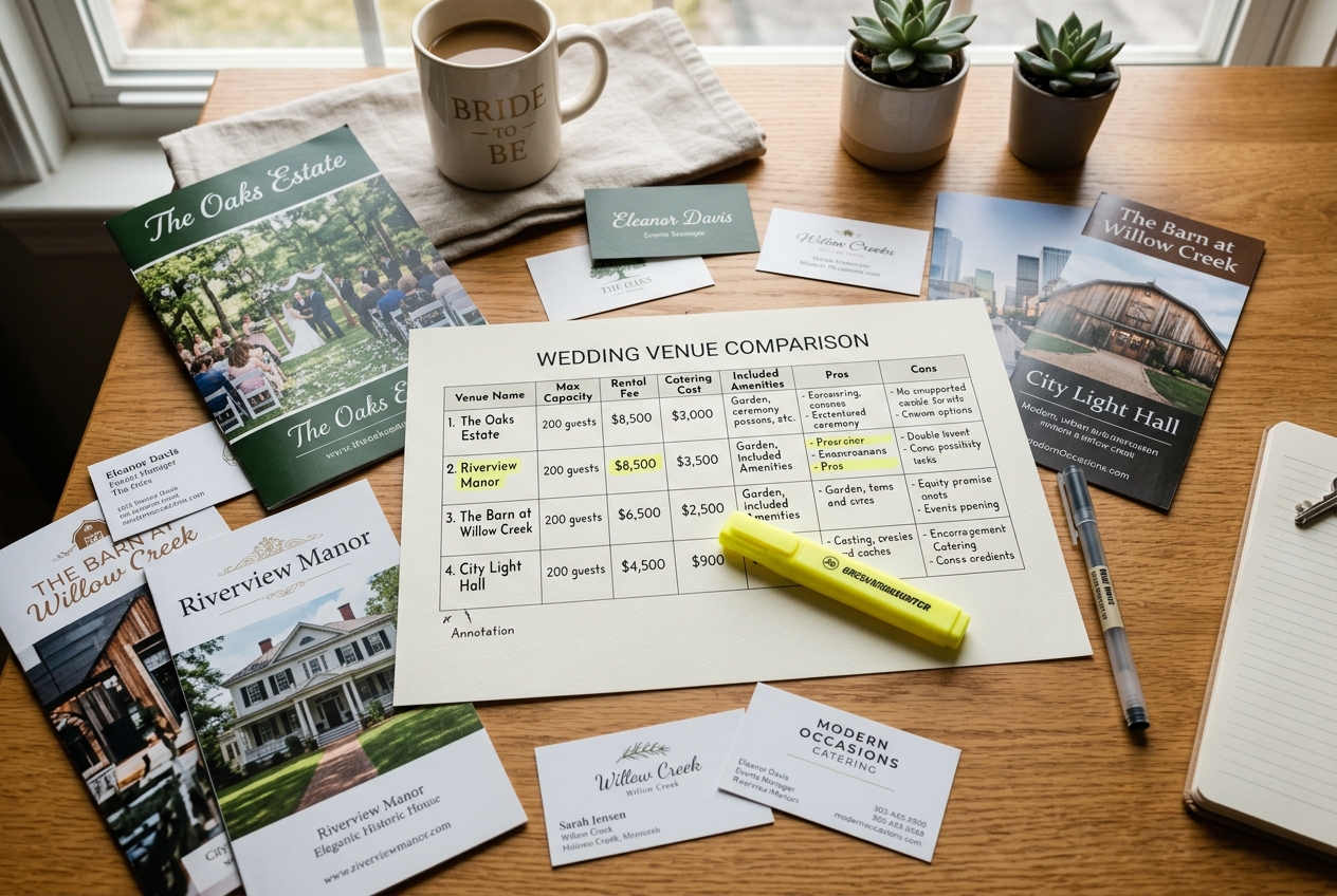 Venue comparison spreadsheet, brochures and business cards, highlighter and pen, kitchen table