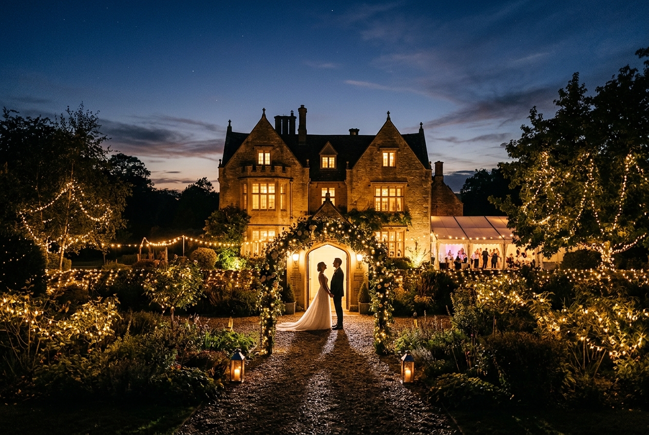 Wedding venue lit up at night, country house with warm glowing windows, fairy lights, couple silhouetted
