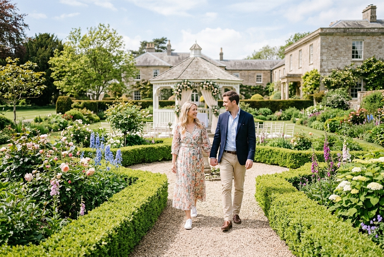 Couple viewing an outdoor ceremony space at a country estate, walking hand in hand through a garden