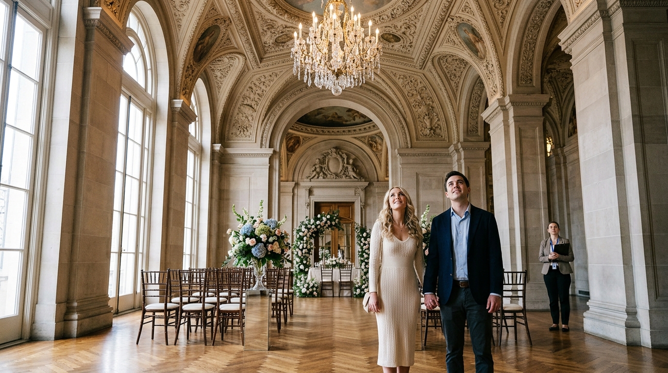 Couple on a venue tour, standing in a grand ceremony room looking up, coordinator in background